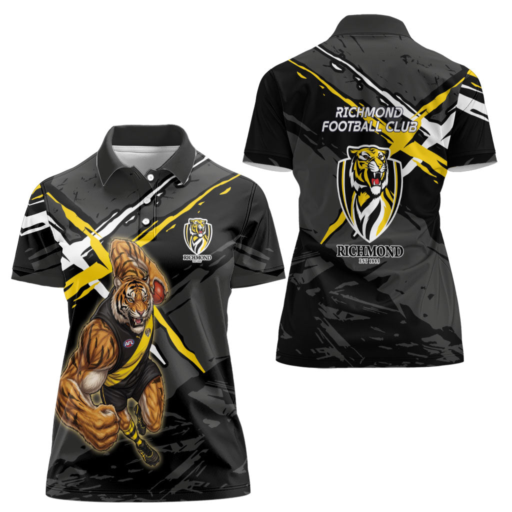 Richmond Football Club Women Polo Shirt Tigers Muscular Mascot Graphic - Abstract Paint Splatter Art