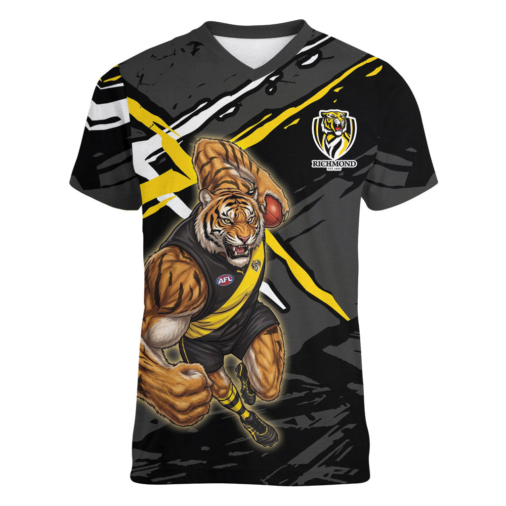 Richmond Football Club Women V-Neck T-Shirt Tigers Muscular Mascot Graphic - Abstract Paint Splatter Art