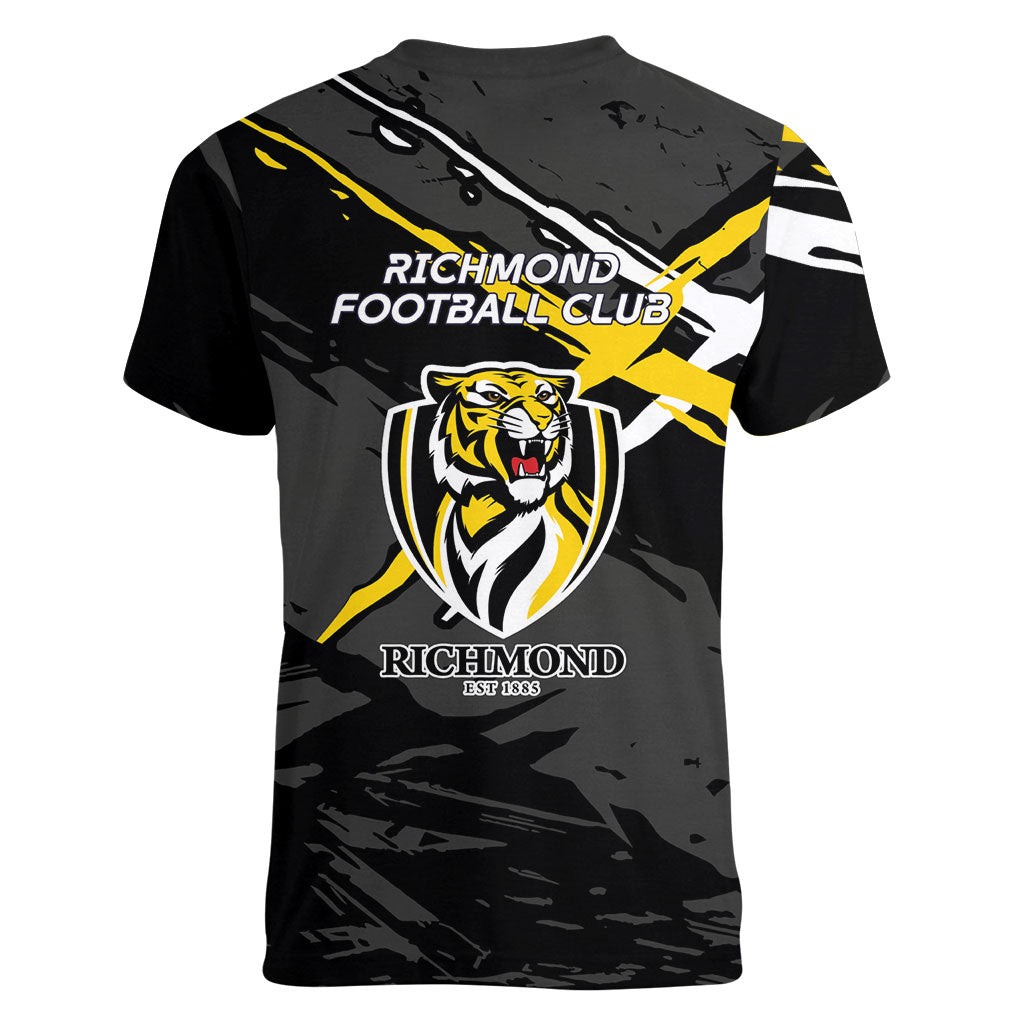 Richmond Football Club Women V-Neck T-Shirt Tigers Muscular Mascot Graphic - Abstract Paint Splatter Art