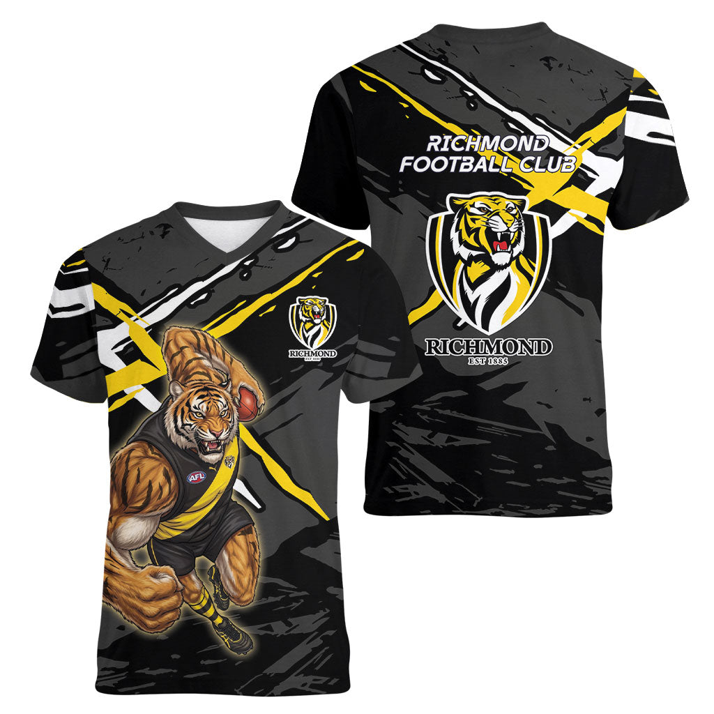 Richmond Football Club Women V-Neck T-Shirt Tigers Muscular Mascot Graphic - Abstract Paint Splatter Art