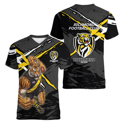 Richmond Football Club Women V-Neck T-Shirt Tigers Muscular Mascot Graphic - Abstract Paint Splatter Art
