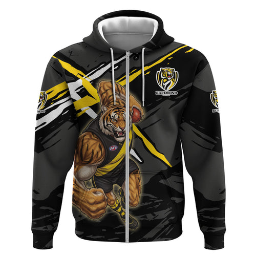 Richmond Football Club Zip Hoodie Tigers Muscular Mascot Graphic - Abstract Paint Splatter Art