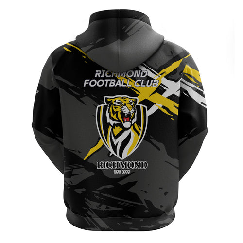 Richmond Football Club Zip Hoodie Tigers Muscular Mascot Graphic - Abstract Paint Splatter Art