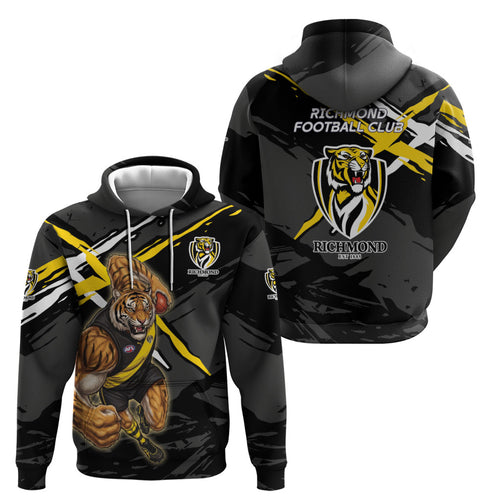 Richmond Football Club Zip Hoodie Tigers Muscular Mascot Graphic - Abstract Paint Splatter Art