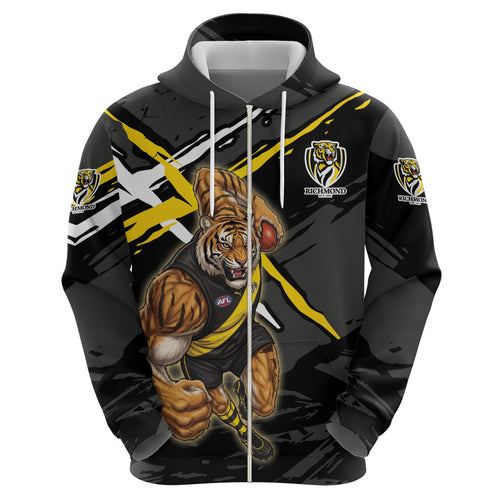 Richmond Football Club Zip Hoodie Tigers Muscular Mascot Graphic - Abstract Paint Splatter Art