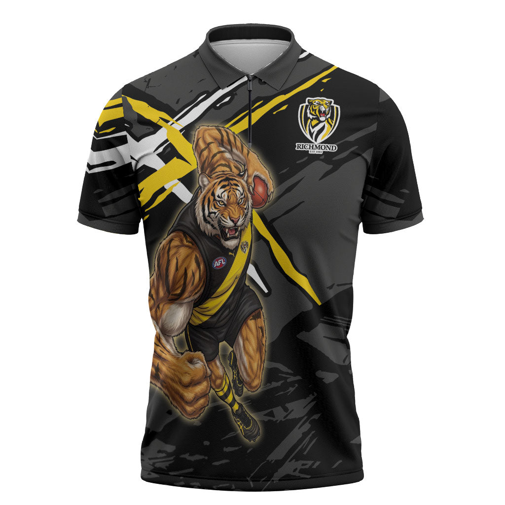 Richmond Football Club Zipper Polo Shirt Tigers Muscular Mascot Graphic - Abstract Paint Splatter Art