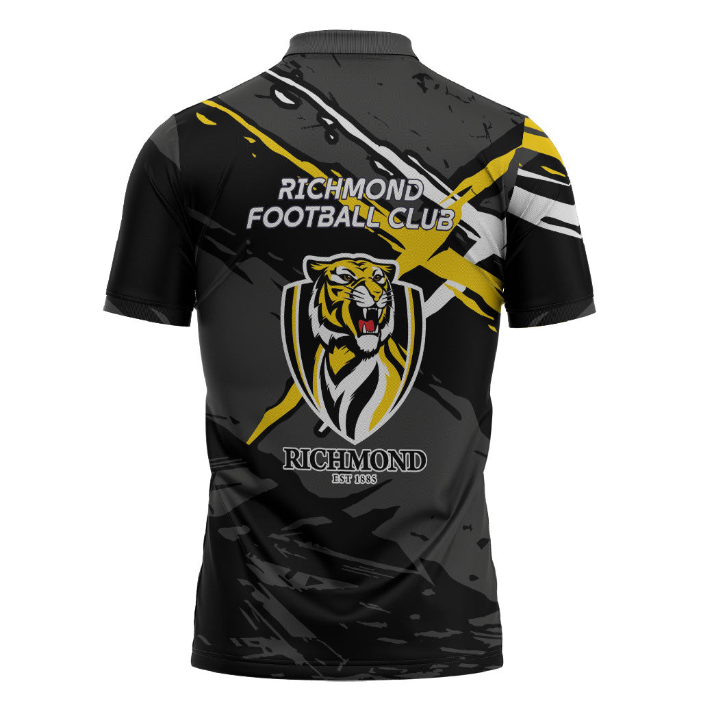 Richmond Football Club Zipper Polo Shirt Tigers Muscular Mascot Graphic - Abstract Paint Splatter Art