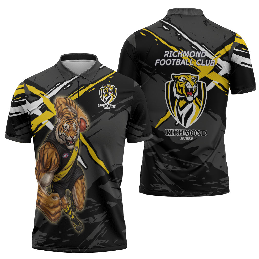 Richmond Football Club Zipper Polo Shirt Tigers Muscular Mascot Graphic - Abstract Paint Splatter Art