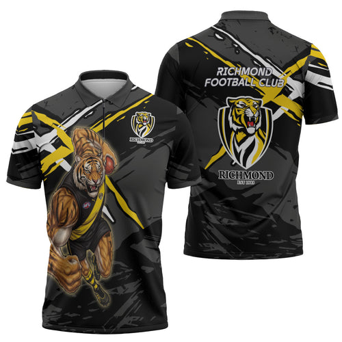 Richmond Football Club Zipper Polo Shirt Tigers Muscular Mascot Graphic - Abstract Paint Splatter Art