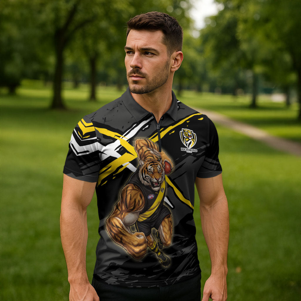 Richmond Football Club Zipper Polo Shirt Tigers Muscular Mascot Graphic - Abstract Paint Splatter Art