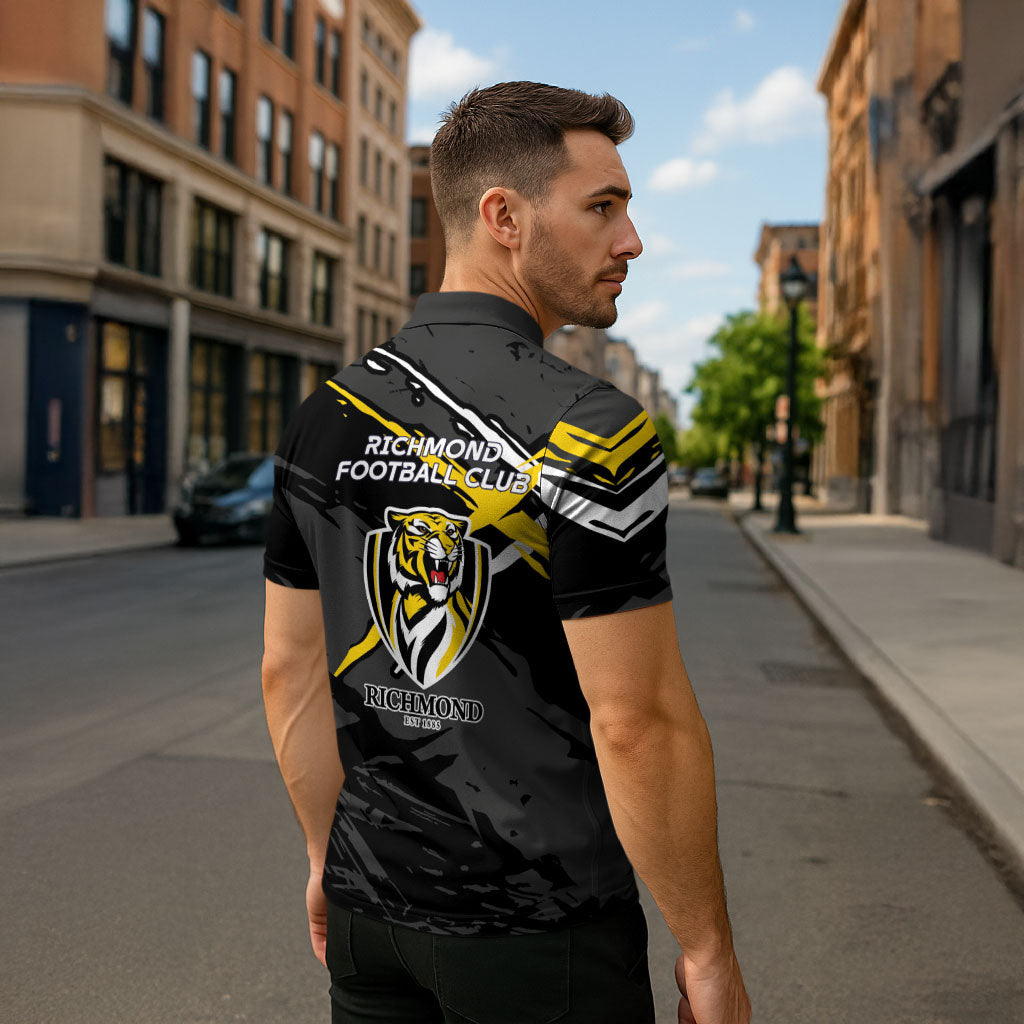 Richmond Football Club Zipper Polo Shirt Tigers Muscular Mascot Graphic - Abstract Paint Splatter Art