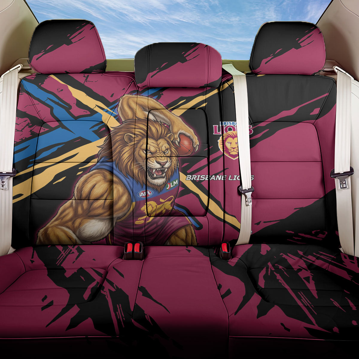 Brisbane Lions Back Car Seat Cover Lions Muscular Mascot Graphic - Abstract Paint Splatter Art
