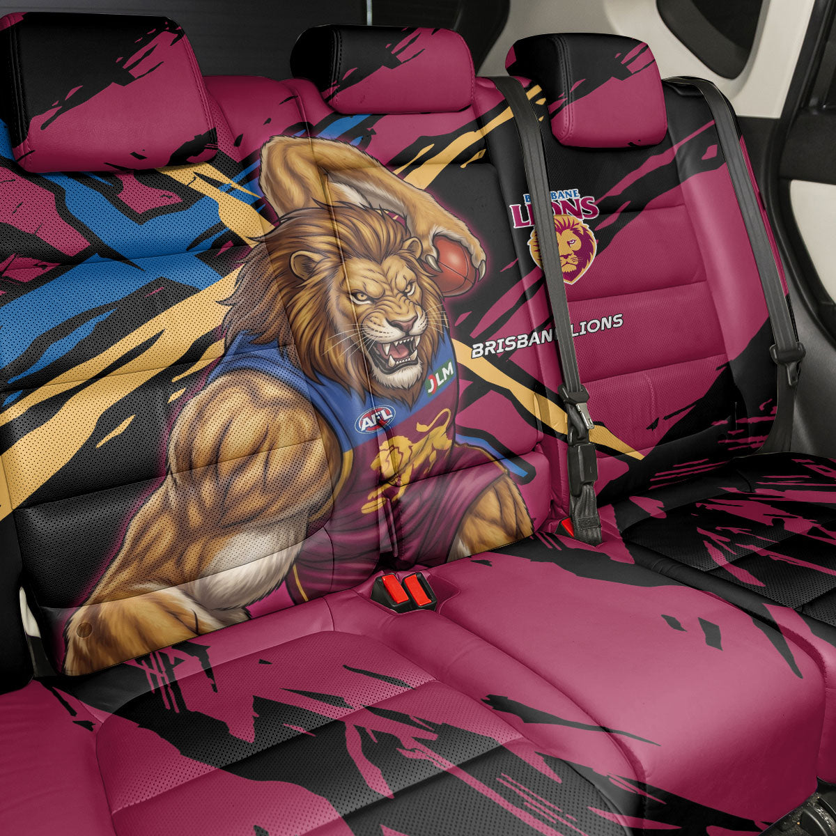 Brisbane Lions Back Car Seat Cover Lions Muscular Mascot Graphic - Abstract Paint Splatter Art