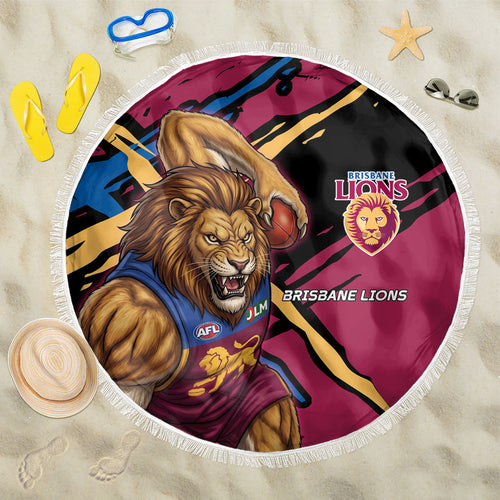 Brisbane Lions Beach Blanket Lions Muscular Mascot Graphic - Abstract Paint Splatter Art