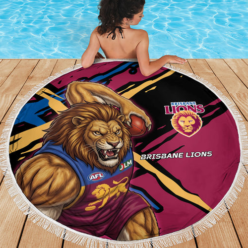 Brisbane Lions Beach Blanket Lions Muscular Mascot Graphic - Abstract Paint Splatter Art
