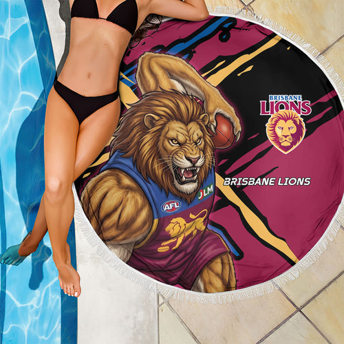 Brisbane Lions Beach Blanket Lions Muscular Mascot Graphic - Abstract Paint Splatter Art