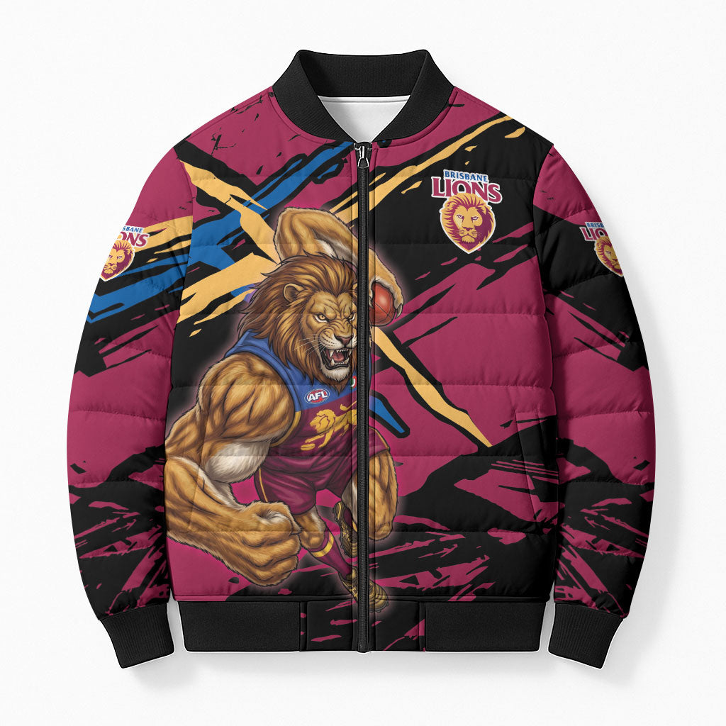 Brisbane Lions Bomber Puffer Jacket Lions Muscular Mascot Graphic - Abstract Paint Splatter Art