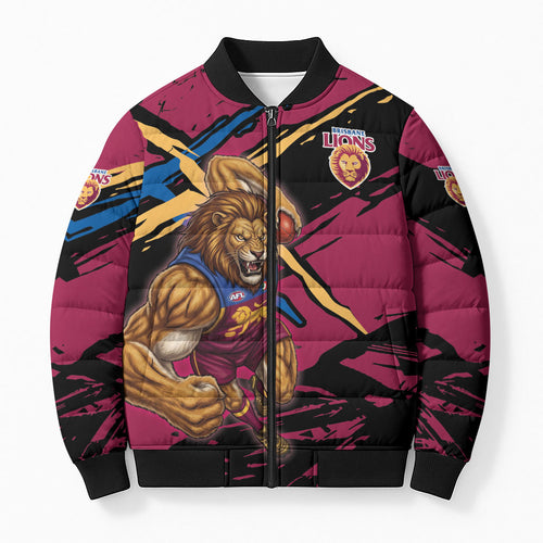 Brisbane Lions Bomber Puffer Jacket Lions Muscular Mascot Graphic - Abstract Paint Splatter Art