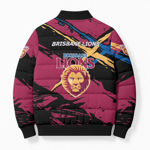 Brisbane Lions Bomber Puffer Jacket Lions Muscular Mascot Graphic - Abstract Paint Splatter Art