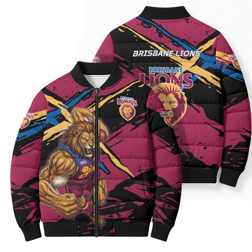 Brisbane Lions Bomber Puffer Jacket Lions Muscular Mascot Graphic - Abstract Paint Splatter Art