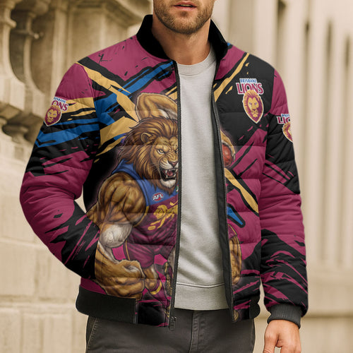 Brisbane Lions Bomber Puffer Jacket Lions Muscular Mascot Graphic - Abstract Paint Splatter Art