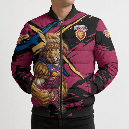 Brisbane Lions Bomber Puffer Jacket Lions Muscular Mascot Graphic - Abstract Paint Splatter Art