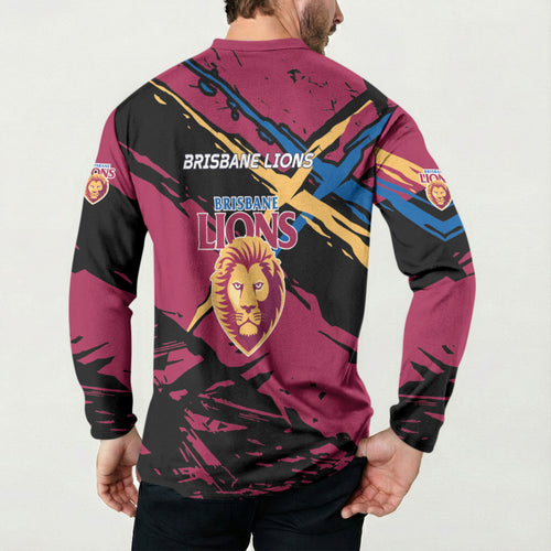 Brisbane Lions Button Sweatshirt Lions Muscular Mascot Graphic - Abstract Paint Splatter Art