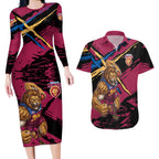 Brisbane Lions Couples Matching Long Sleeve Bodycon Dress and Hawaiian Shirt Lions Muscular Mascot Graphic - Abstract Paint Splatter Art