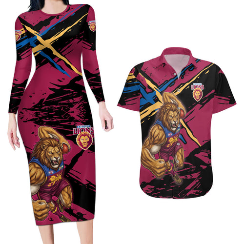 Brisbane Lions Couples Matching Long Sleeve Bodycon Dress and Hawaiian Shirt Lions Muscular Mascot Graphic - Abstract Paint Splatter Art