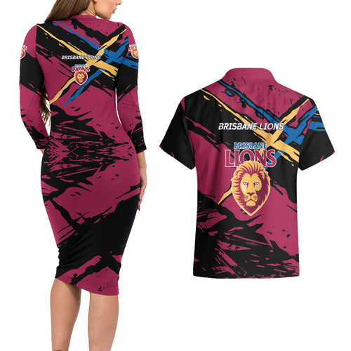 Brisbane Lions Couples Matching Long Sleeve Bodycon Dress and Hawaiian Shirt Lions Muscular Mascot Graphic - Abstract Paint Splatter Art