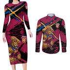 Brisbane Lions Couples Matching Long Sleeve Bodycon Dress and Long Sleeve Button Shirt Lions Muscular Mascot Graphic - Abstract Paint Splatter Art