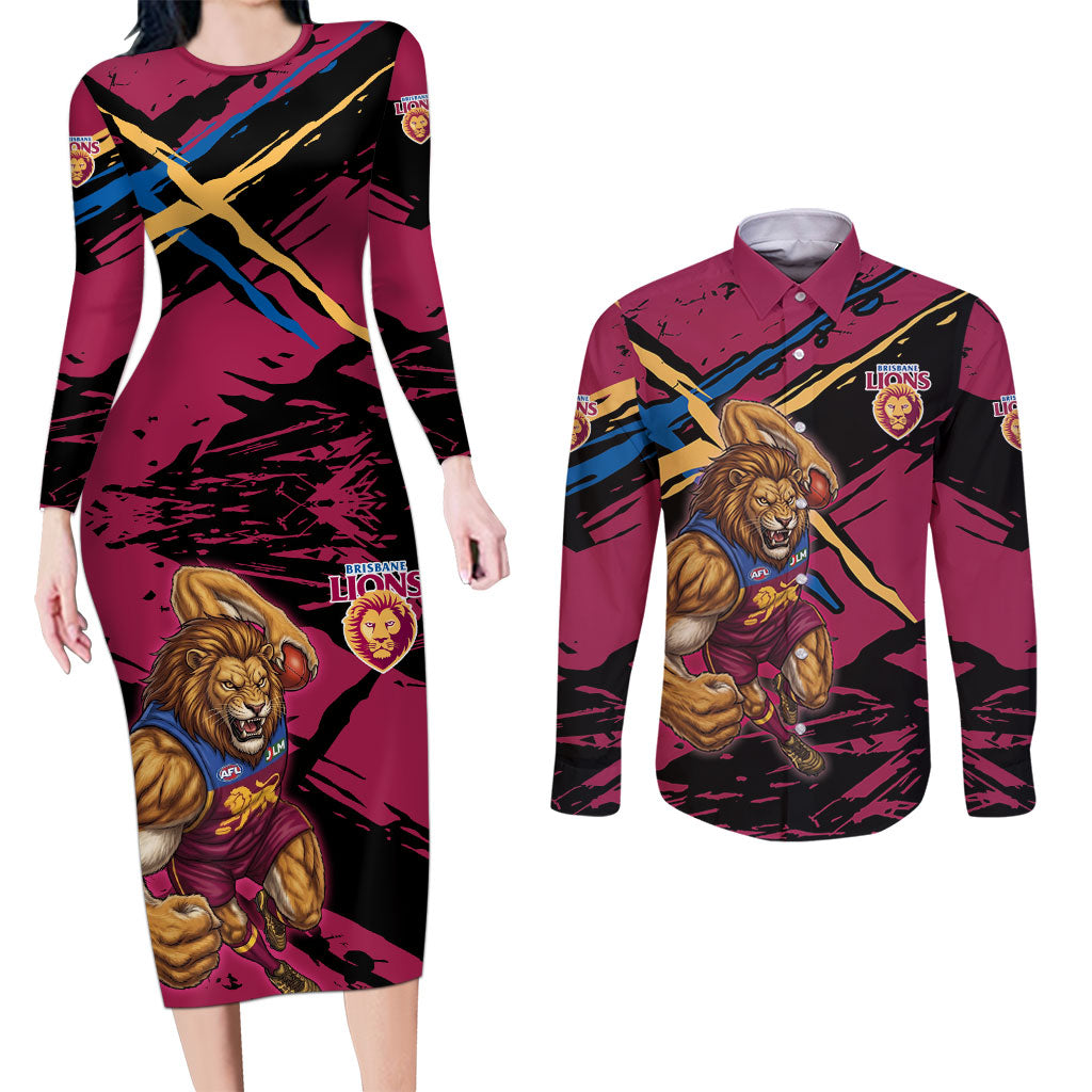 Brisbane Lions Couples Matching Long Sleeve Bodycon Dress and Long Sleeve Button Shirt Lions Muscular Mascot Graphic - Abstract Paint Splatter Art