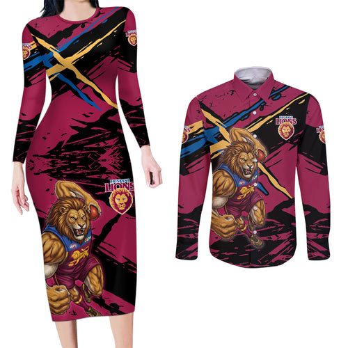 Brisbane Lions Couples Matching Long Sleeve Bodycon Dress and Long Sleeve Button Shirt Lions Muscular Mascot Graphic - Abstract Paint Splatter Art