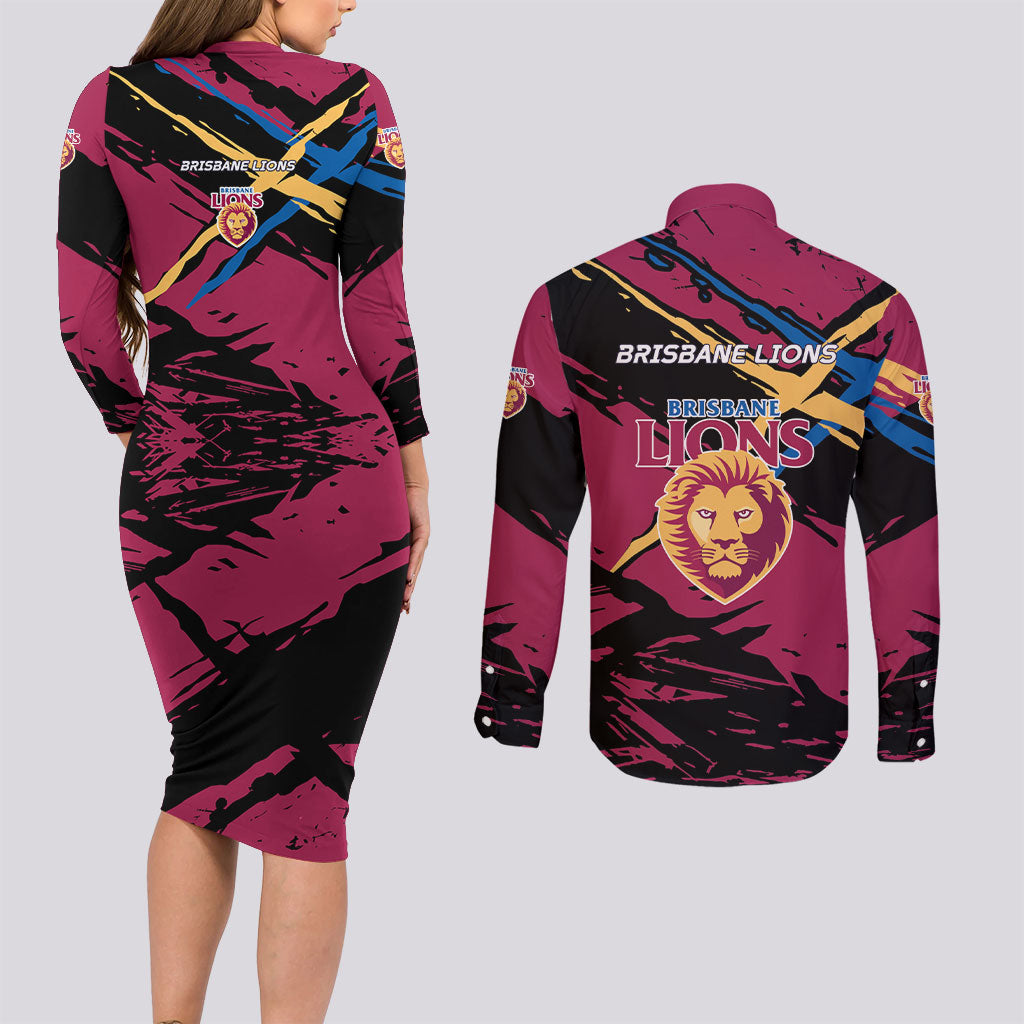 Brisbane Lions Couples Matching Long Sleeve Bodycon Dress and Long Sleeve Button Shirt Lions Muscular Mascot Graphic - Abstract Paint Splatter Art