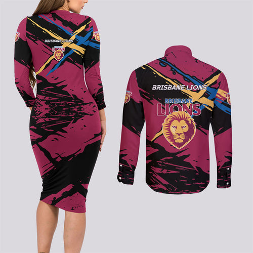 Brisbane Lions Couples Matching Long Sleeve Bodycon Dress and Long Sleeve Button Shirt Lions Muscular Mascot Graphic - Abstract Paint Splatter Art