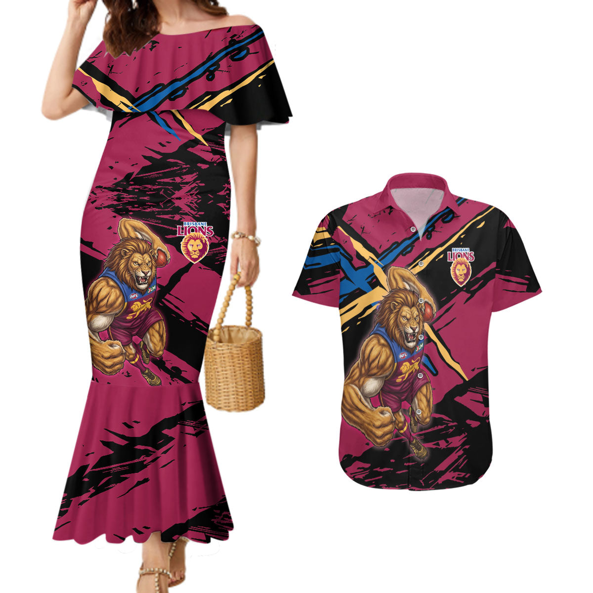 Brisbane Lions Couples Matching Mermaid Dress and Hawaiian Shirt Lions Muscular Mascot Graphic - Abstract Paint Splatter Art