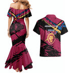Brisbane Lions Couples Matching Mermaid Dress and Hawaiian Shirt Lions Muscular Mascot Graphic - Abstract Paint Splatter Art