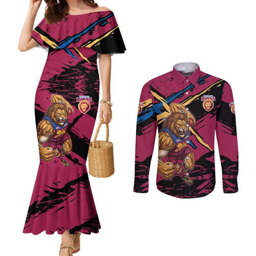Brisbane Lions Couples Matching Mermaid Dress and Long Sleeve Button Shirt Lions Muscular Mascot Graphic - Abstract Paint Splatter Art