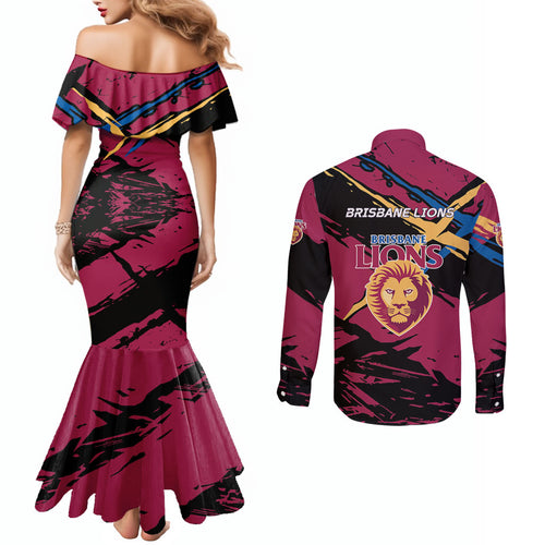 Brisbane Lions Couples Matching Mermaid Dress and Long Sleeve Button Shirt Lions Muscular Mascot Graphic - Abstract Paint Splatter Art