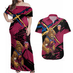 Brisbane Lions Couples Matching Off Shoulder Maxi Dress and Hawaiian Shirt Lions Muscular Mascot Graphic - Abstract Paint Splatter Art