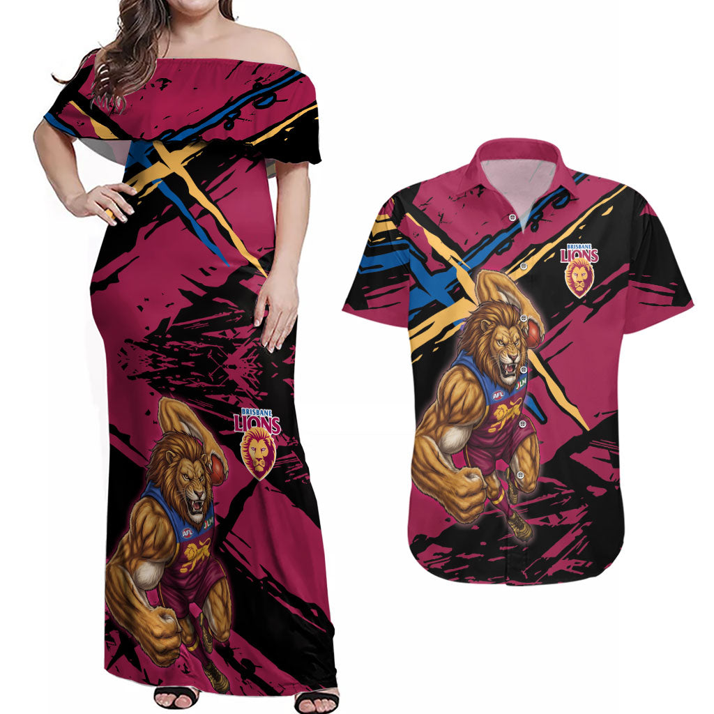 Brisbane Lions Couples Matching Off Shoulder Maxi Dress and Hawaiian Shirt Lions Muscular Mascot Graphic - Abstract Paint Splatter Art