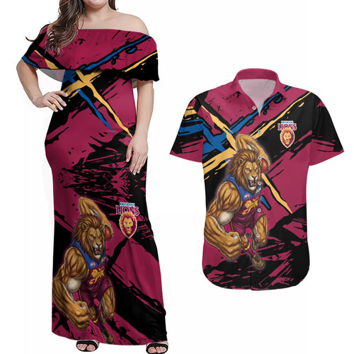 Brisbane Lions Couples Matching Off Shoulder Maxi Dress and Hawaiian Shirt Lions Muscular Mascot Graphic - Abstract Paint Splatter Art