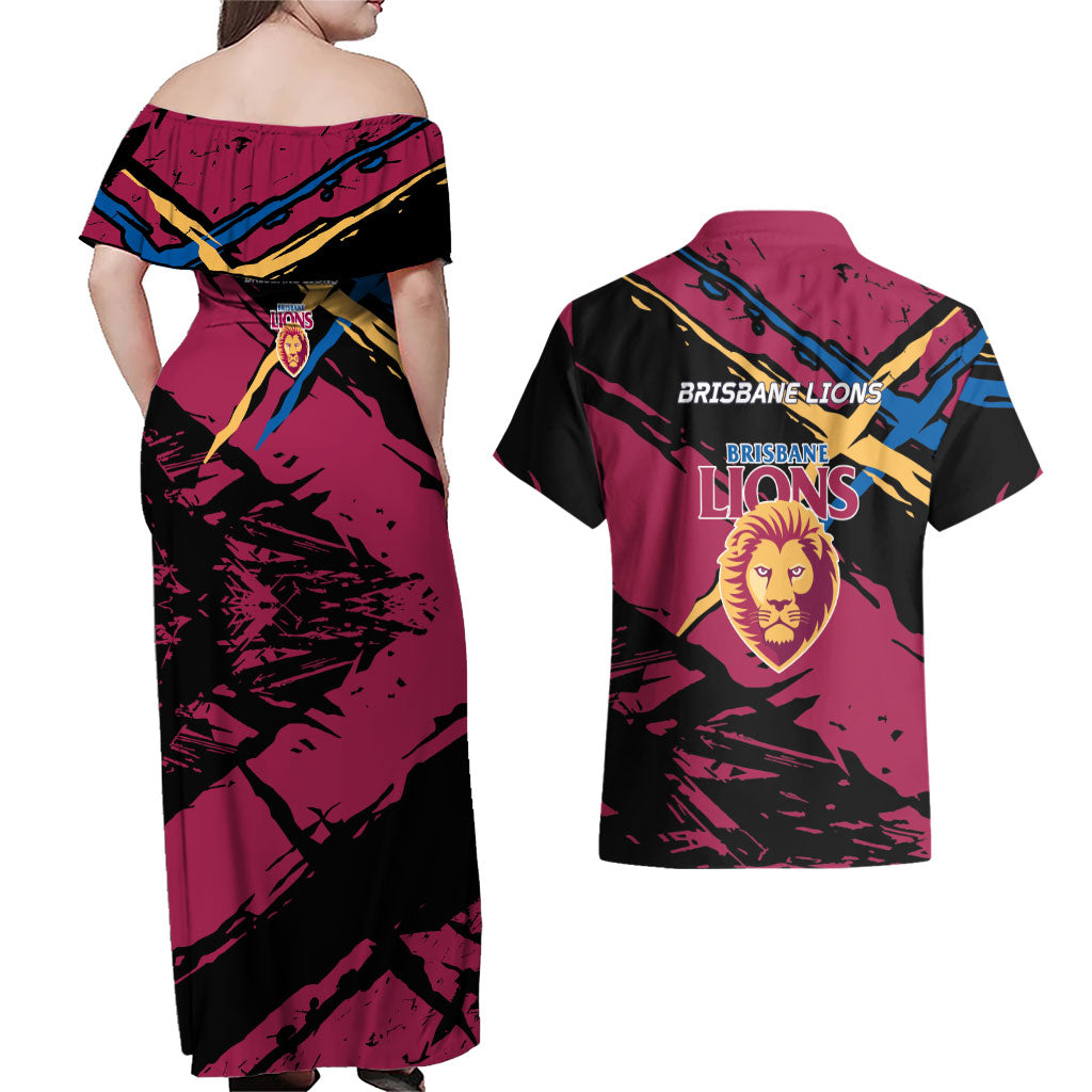 Brisbane Lions Couples Matching Off Shoulder Maxi Dress and Hawaiian Shirt Lions Muscular Mascot Graphic - Abstract Paint Splatter Art