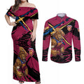 Brisbane Lions Couples Matching Off Shoulder Maxi Dress and Long Sleeve Button Shirt Lions Muscular Mascot Graphic - Abstract Paint Splatter Art