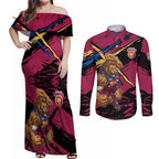 Brisbane Lions Couples Matching Off Shoulder Maxi Dress and Long Sleeve Button Shirt Lions Muscular Mascot Graphic - Abstract Paint Splatter Art