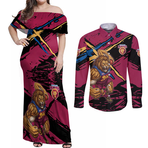 Brisbane Lions Couples Matching Off Shoulder Maxi Dress and Long Sleeve Button Shirt Lions Muscular Mascot Graphic - Abstract Paint Splatter Art
