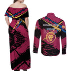 Brisbane Lions Couples Matching Off Shoulder Maxi Dress and Long Sleeve Button Shirt Lions Muscular Mascot Graphic - Abstract Paint Splatter Art