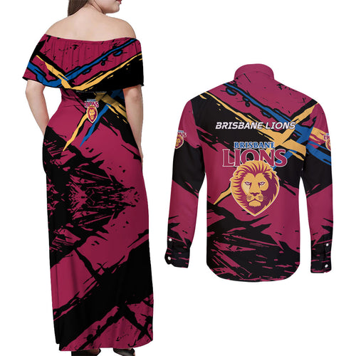 Brisbane Lions Couples Matching Off Shoulder Maxi Dress and Long Sleeve Button Shirt Lions Muscular Mascot Graphic - Abstract Paint Splatter Art