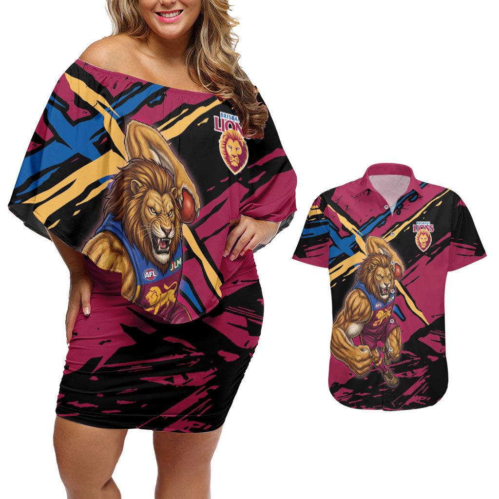 Brisbane Lions Couples Matching Off Shoulder Short Dress and Hawaiian Shirt Lions Muscular Mascot Graphic - Abstract Paint Splatter Art