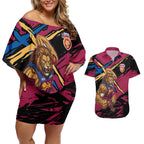 Brisbane Lions Couples Matching Off Shoulder Short Dress and Hawaiian Shirt Lions Muscular Mascot Graphic - Abstract Paint Splatter Art